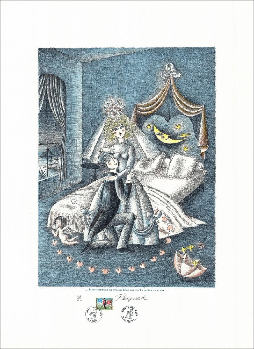 PEYNET Raymond - Originele lithografie "Ik vraag me af of de nacht lang genoeg zal zijn, .." 76x56cm - 1985