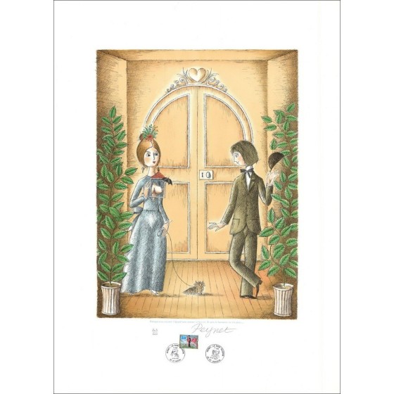 Raymond Peynet - Original-Lithographie "Warum wollen Sie rausgehen! Wenn wir hier so gut sind" 76x56cm - 1985