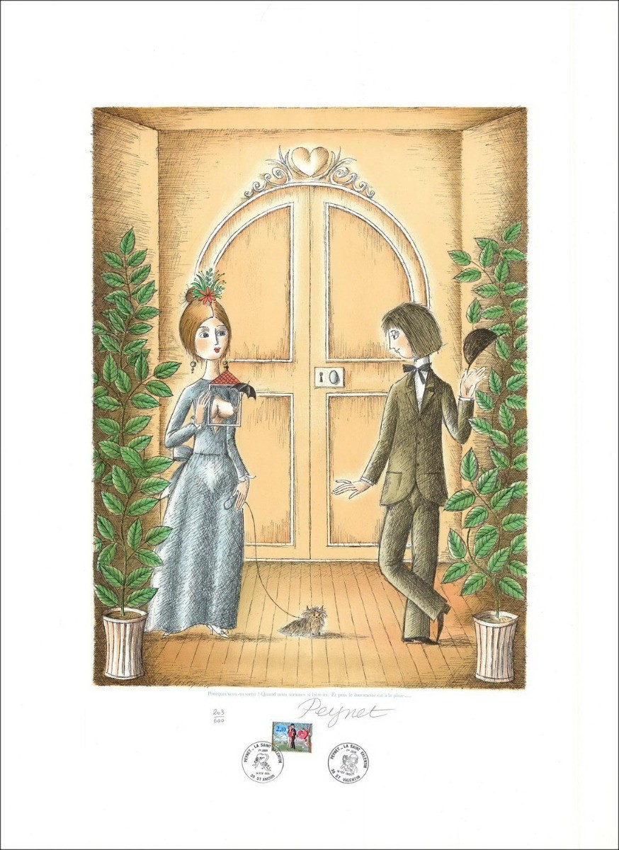 Raymond Peynet - Litografía original "¿Por qué quiere salir! Cuando estemos tan bien aquí" 76x56cm - 1985