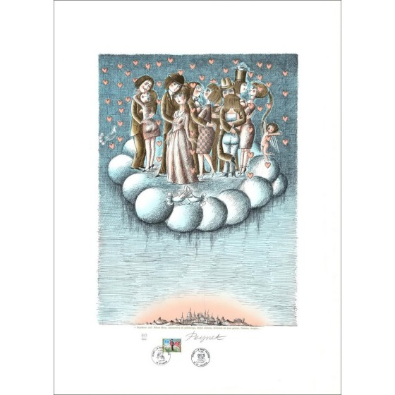Raymond Peynet - Litografia originale "Settimo cielo!" 76x56cm - 1985