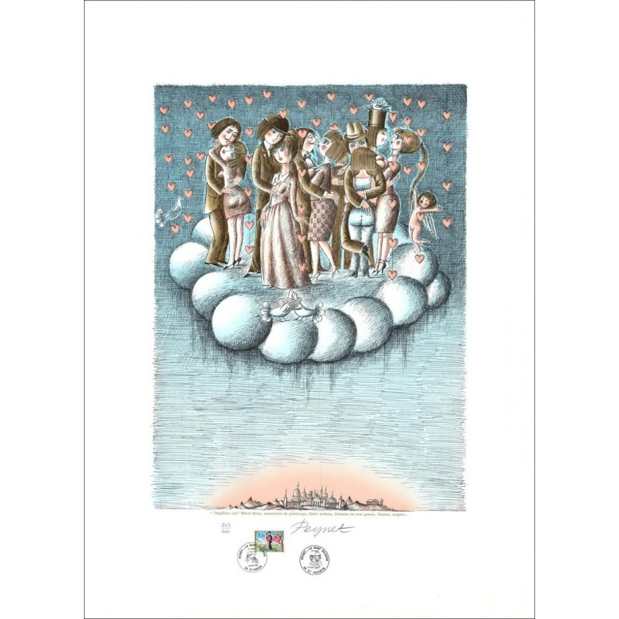 Raymond Peynet - Litografía original "¡Séptimo cielo!" 76x56cm - 1985