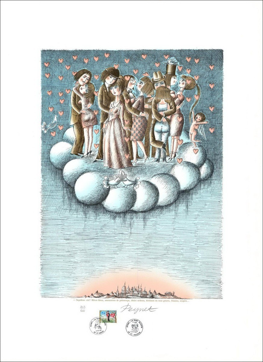 Raymond PEYNET - Original lithograph "Seventh heaven! .." 76x56cm - 1985