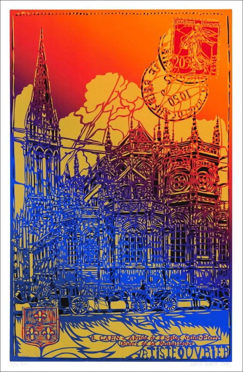 Original screen print purchase ARTISTE OUVRIER - St Peter's Church of Caen Summer
