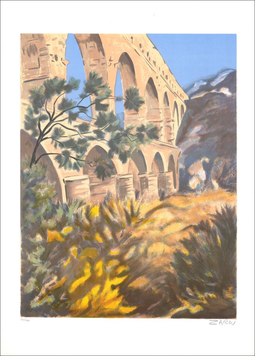 ZAROU - Litografía original "The Pont du Gard" 76x56cm - Litografía original firmada en lápiz