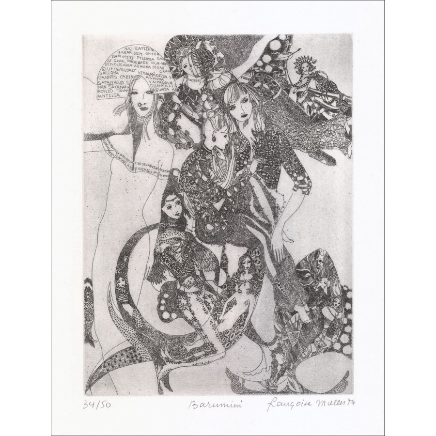 Françoise Muller - Originalgravur an der Trockenspitze "Barumini" 50x33cm - 1974 - in Bleistift signiert und nummeriert - Véli P
