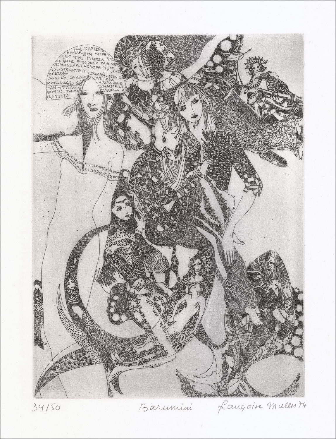 Françoise MULLER - Incisione originale a punta secca "Barumini" 50x33cm - 1974 - Firmata a matita e numerata - Carta velina