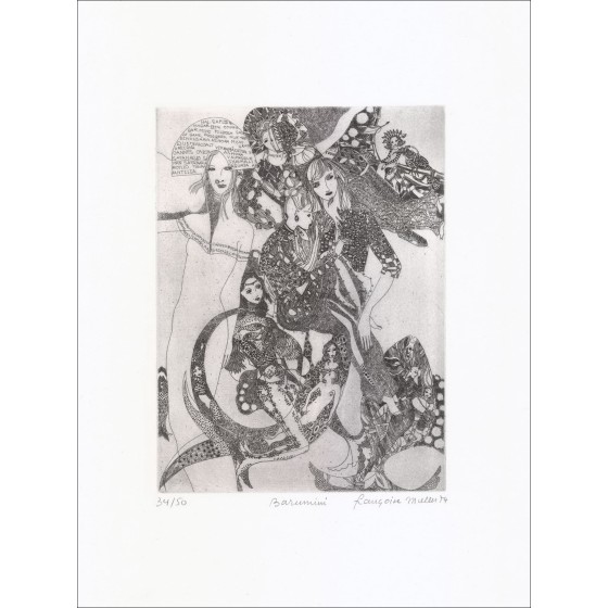 Françoise MULLER - Incisione originale a punta secca "Barumini" 50x33cm - 1974 - Firmata a matita e numerata - Carta velina