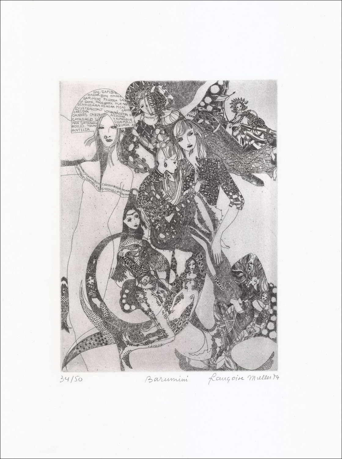 Françoise Muller - Originalgravur an der Trockenspitze "Barumini" 50x33cm - 1974 - in Bleistift signiert und nummeriert - Véli P