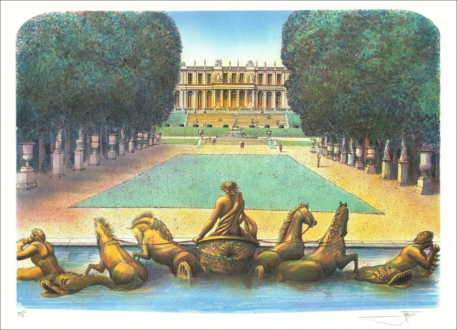 Rolf RAFFLEWSKI - Lithographie Originale "Château de Versailles, le bassin d’Apollon" 54x75cm