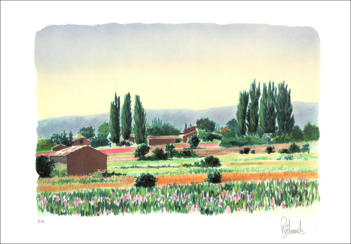 Paesaggio della Provenza - Litografia originale numerata e firmata a matita dall'artista - Budget accessibile, prezzo contenuto,