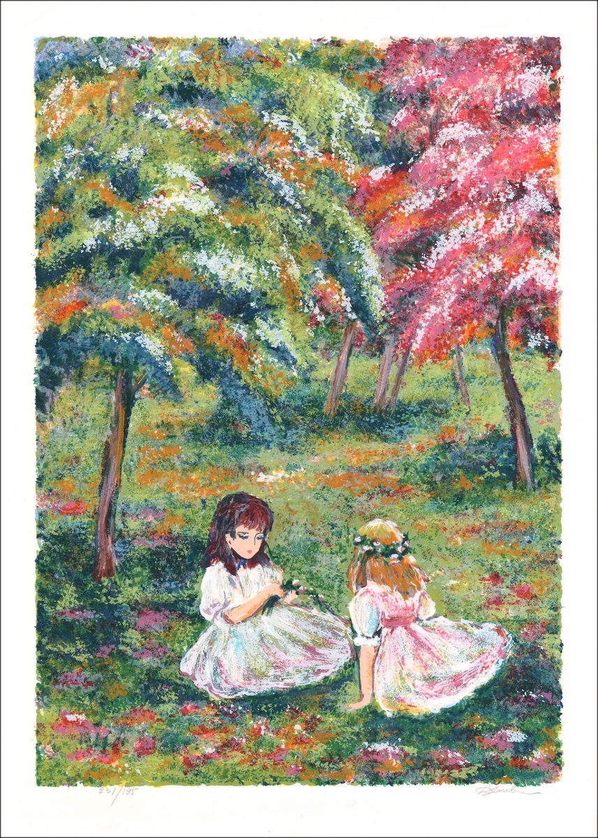 I bambini in giardino - Litografia originale numerata e firmata a matita dall'artista - Gamma Budget, piccolo prezzo, decorativo