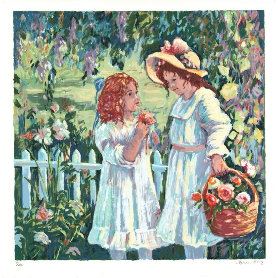 Les fillettes au verger en fleurs" - Lith Origin Originaal genummerd en gesigneerd met potlood door de kunstenaar