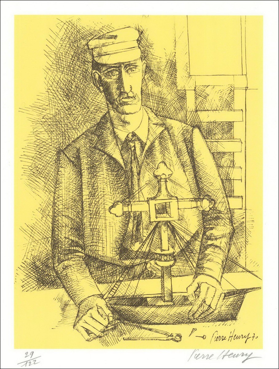PIERRE-HENRY - Original lithograph "Man and boat" 32x25cm - 1971 - 1971 - Edition les peintres témoins