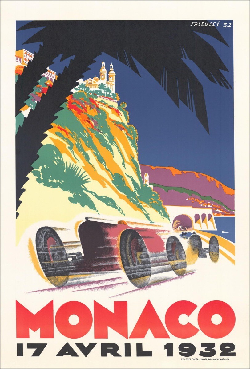 Robert Falcucci - Lithoschroef "Grand Prix Monaco Automobile 1932" 100x68cm