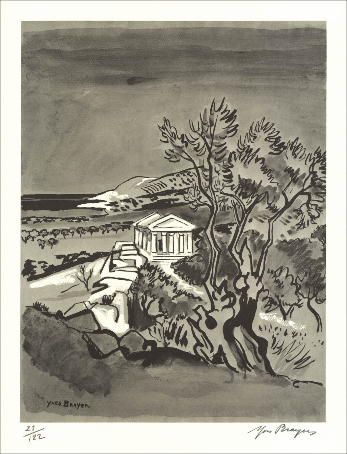 Yves Brayer - Litografía original "Paisaje I" 32x25cm - 1971