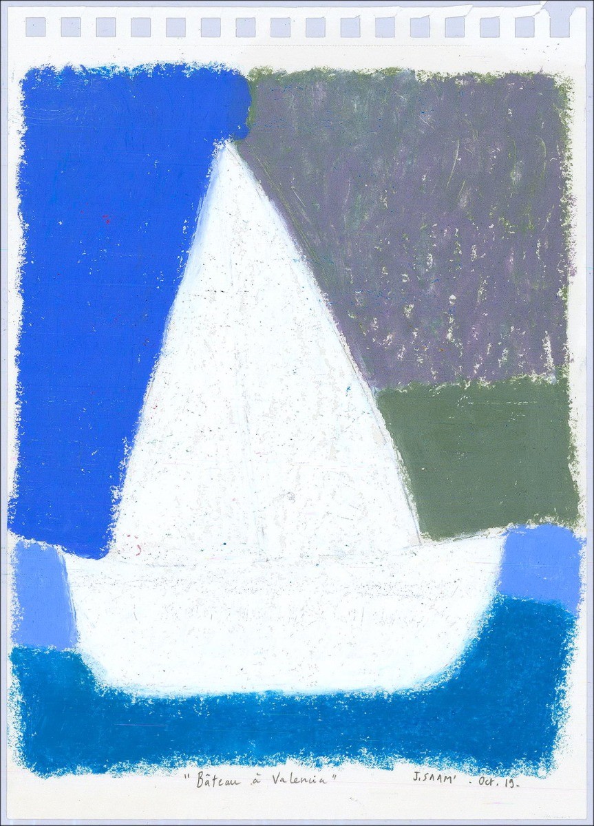 Jérôme Saam - Disegno originale a Pastello su carta "Barca a Valencia" 28x21cm