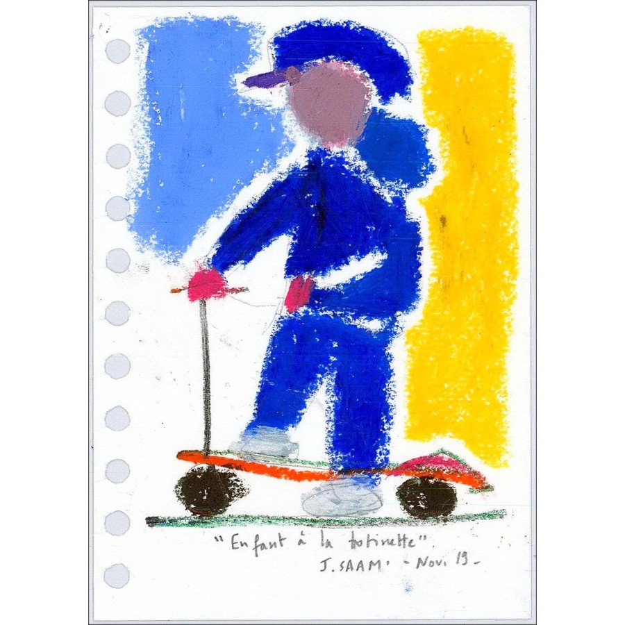 Jérôme Saam - Disegno originale a Pastello su carta "Bambino allo scooter" 15x10cm