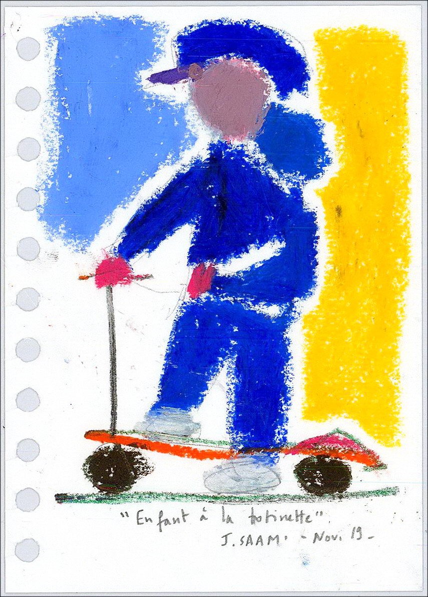 Jérôme Saam - Disegno originale a Pastello su carta "Bambino allo scooter" 15x10cm