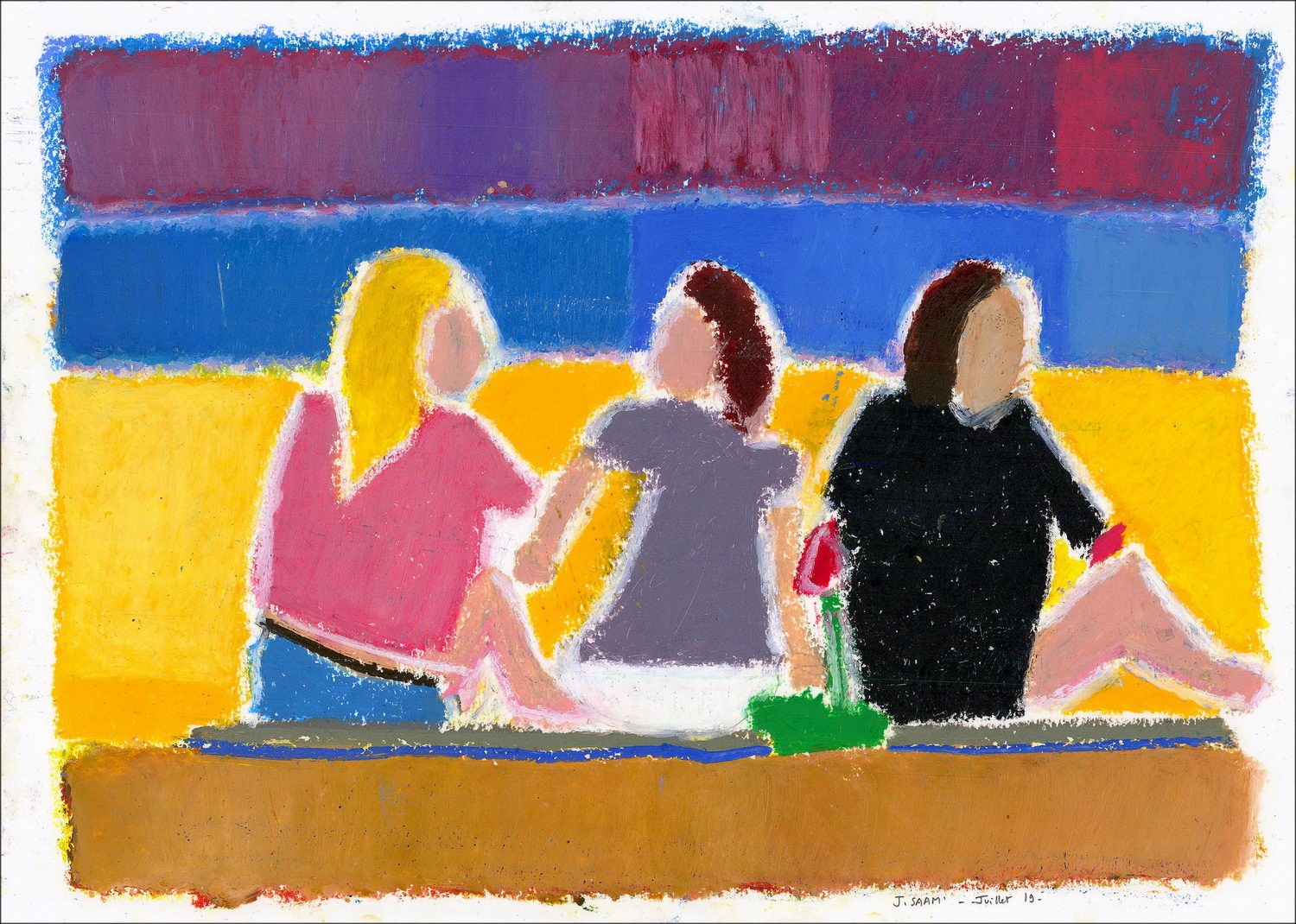 Jérôme Saam - Dibujo original con pastel en papel "Personajes en la playa" 30x41cm
