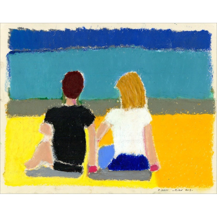 Jérôme SAAM - Original pastel drawing on paper "Couple at the beach" 28x35cm