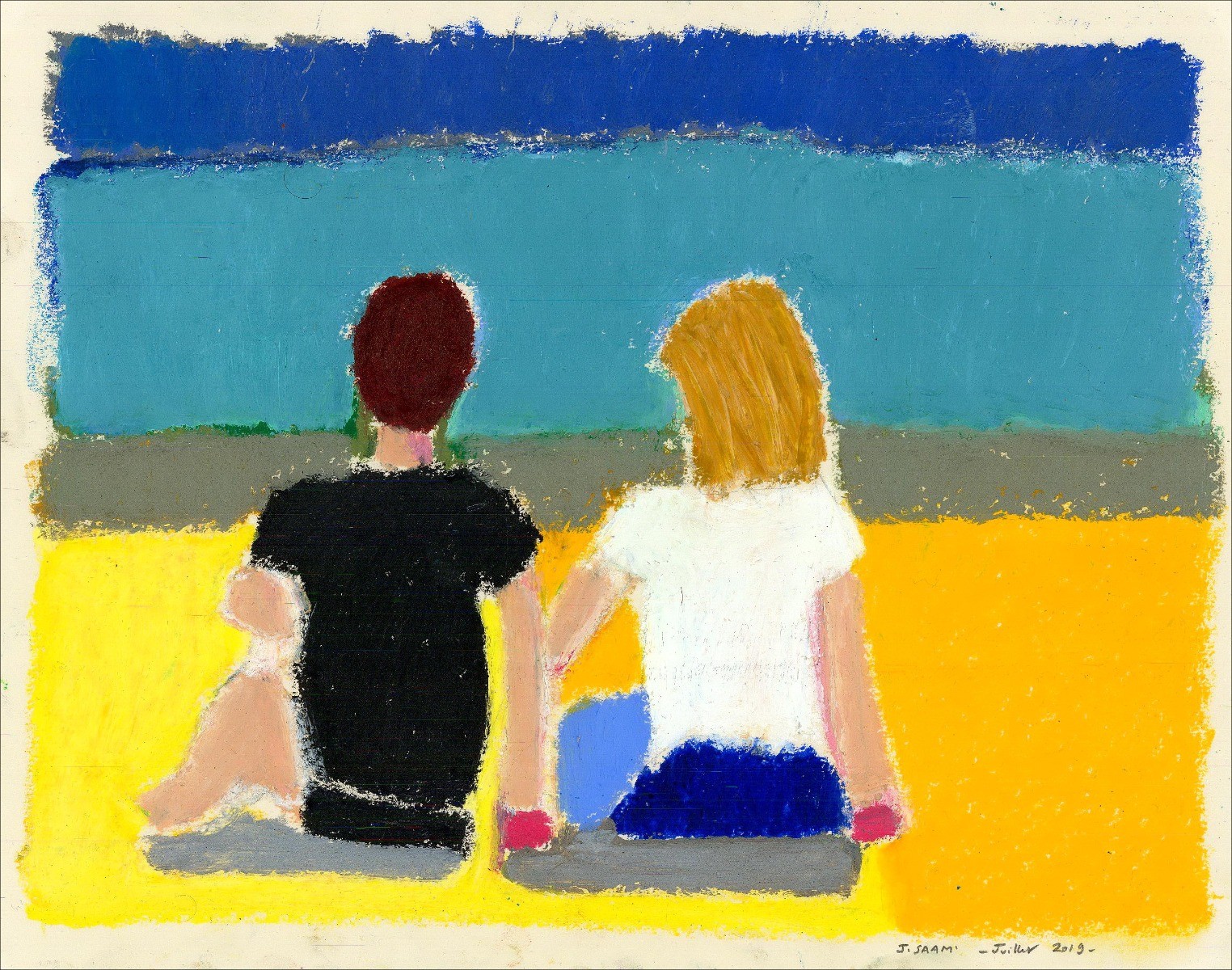 Jérôme Saam - Originele pastel tekening op papier "paar op het strand" 28x35cm