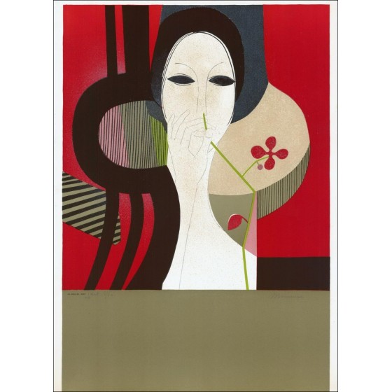 André MINAUX - Litografía original "Portrato de mujer con fondo rojo" 72x53cm