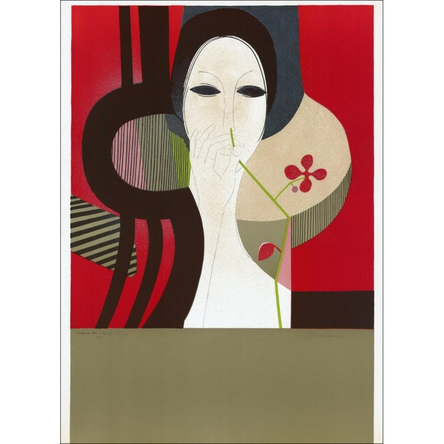 André Minaux - Originele Lithografie "Portret van de vrouw in de rode achtergrond" 72x53cm