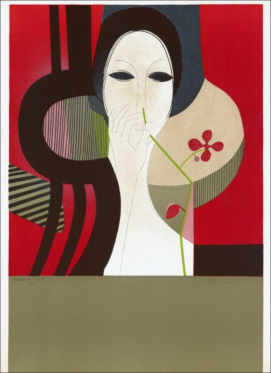 André MINAUX - Lithographie originale "Portrait de femme au fond rouge" 72x53cm