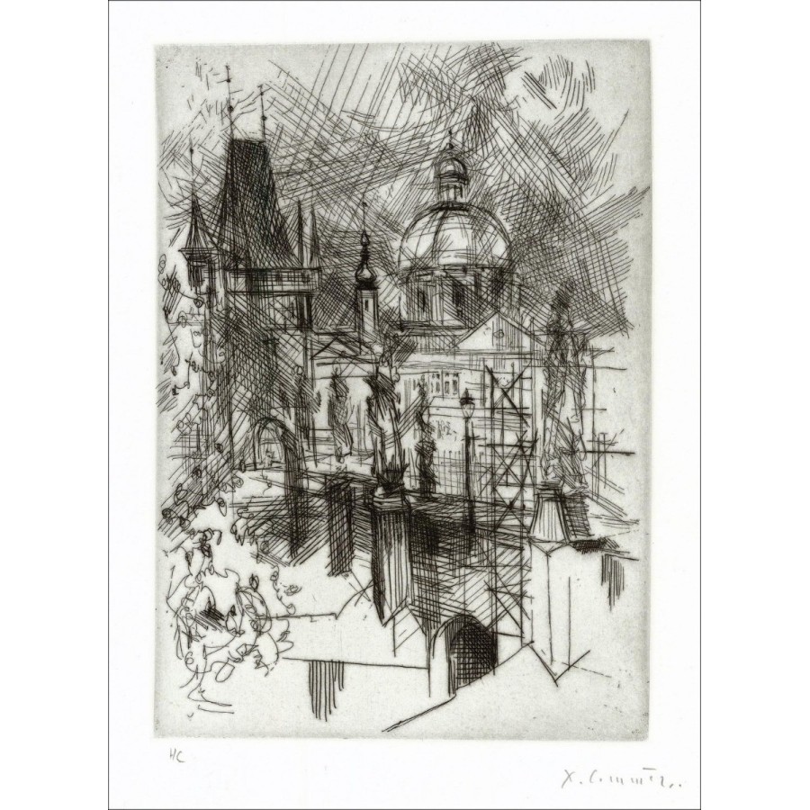Jean Commeré - Grabado original con agua "La ciudad" 32x24cm
