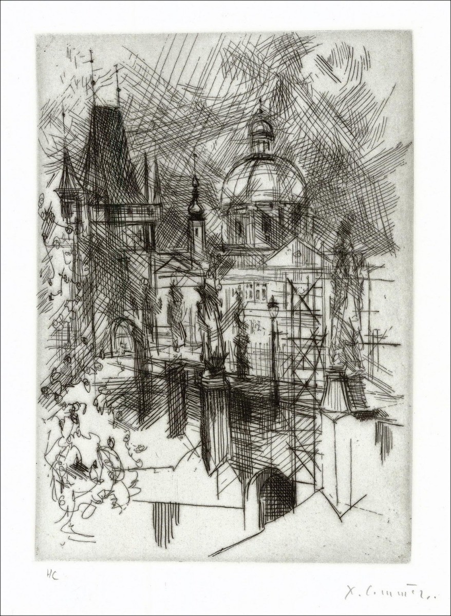 Jean COMMERE  - Gravure originale à l'eau-forte "La Ville" 32x24cm
