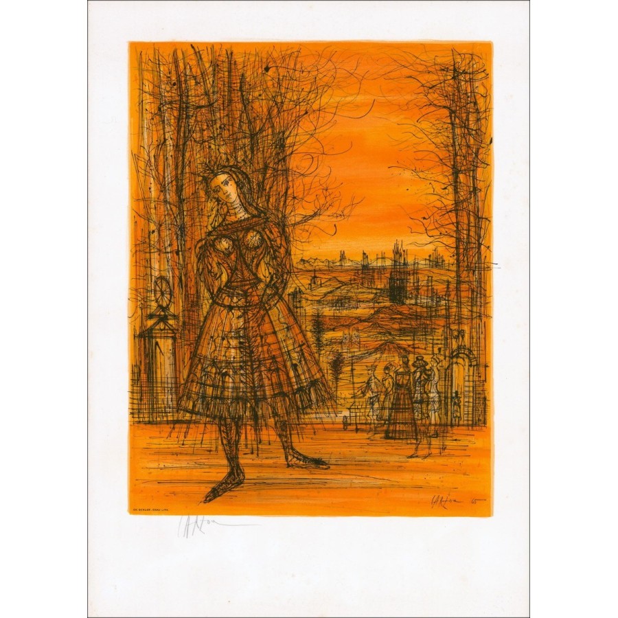 Kauf Jean Carzou Original Lithographie Herbstlandschaft mit Frau 1965