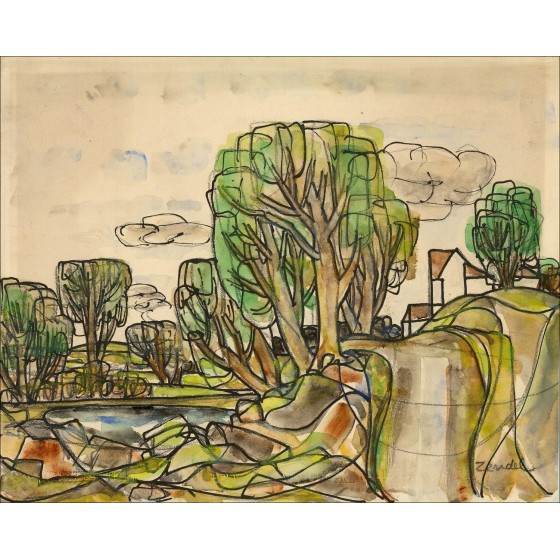 Gabriel Zendel - Disegno originale "Paesaggio con alberi e case" 29x36cm