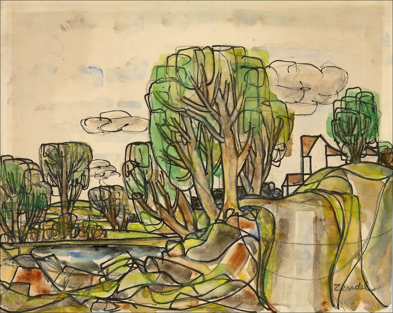 Gabriel Zendel - Originele tekening "Landschap met bomen en huizen" 29x36cm
