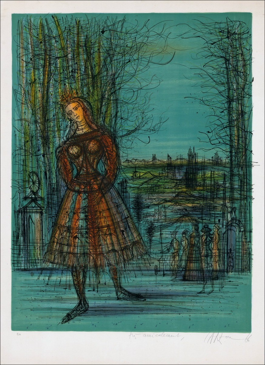 Jean CARZOU - Original lithograph "Autumn, landscape with woman" 76x55cm - 1966 - Signed in pencil