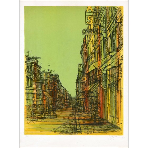 Litografía original Jean Carzou Rue de Paris frente al cine 1974