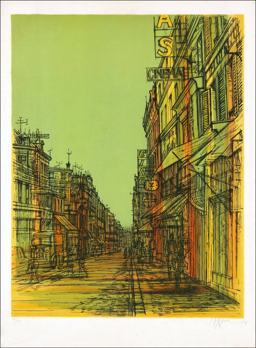 Litografia originale Jean Carzou Rue de Paris davanti al cinema 1974