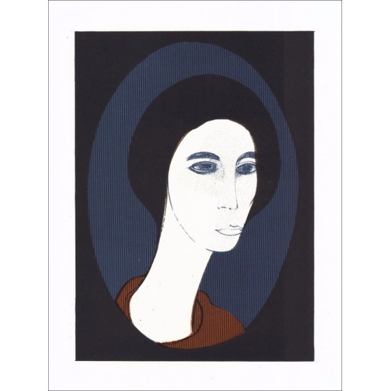André Minaux - Litografía original "Retrato de mujer de fondo azul" 27x21cm - 1978