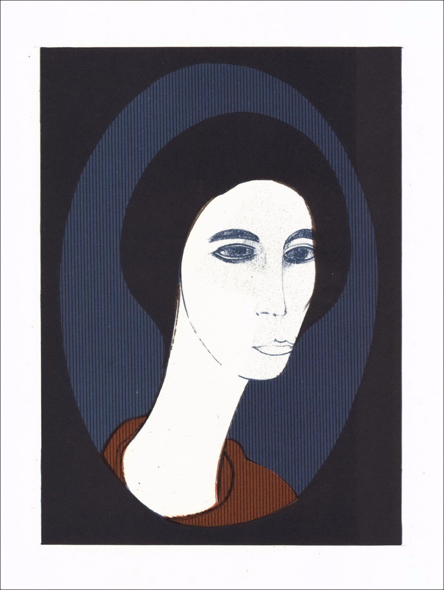 André Minaux - Originele lithografie "Portret van de vrouw op blauwe achtergrond" 27x21cm - 1978