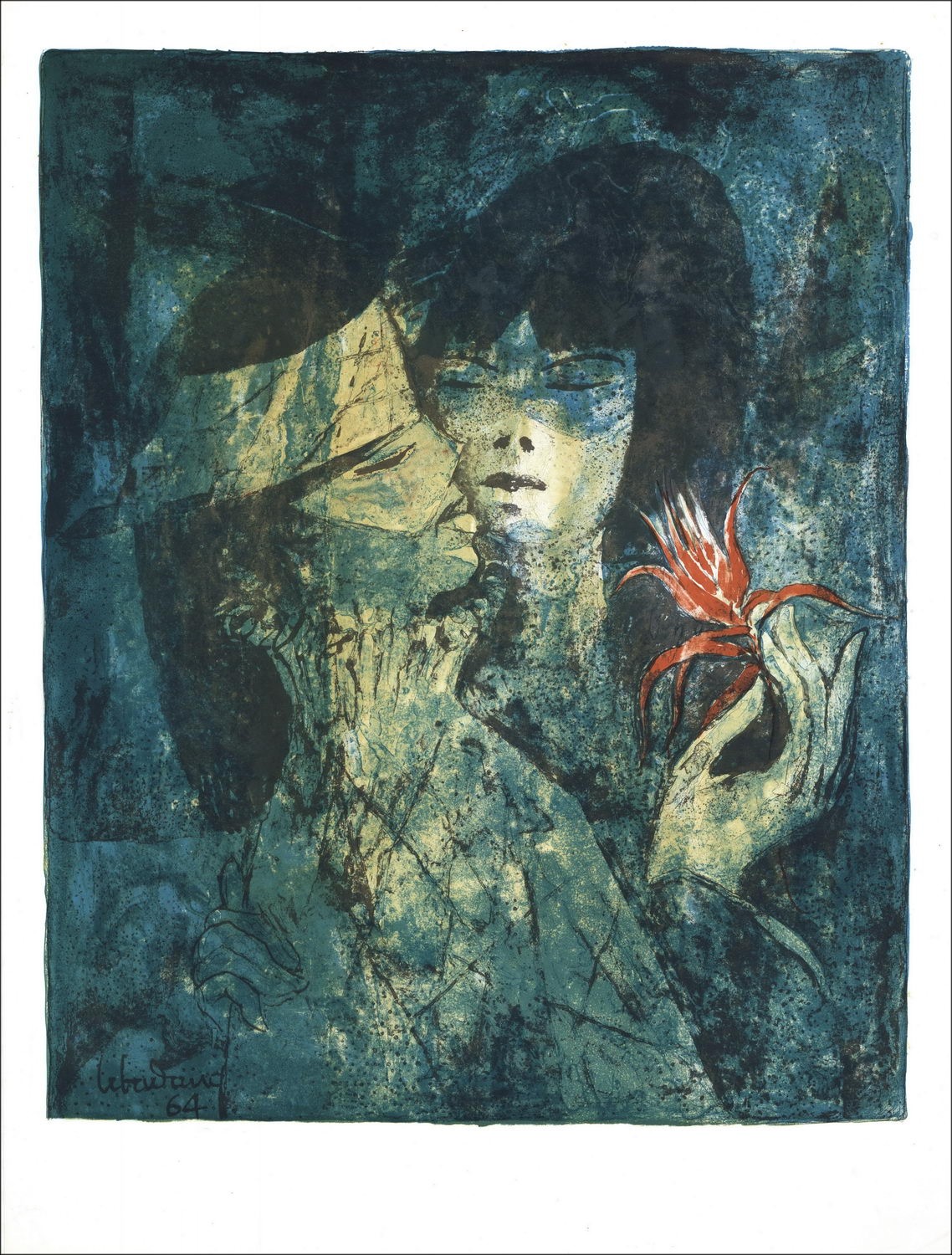 LEBADANG - Lithographie Originale "Composition en bleu" 67x51cm