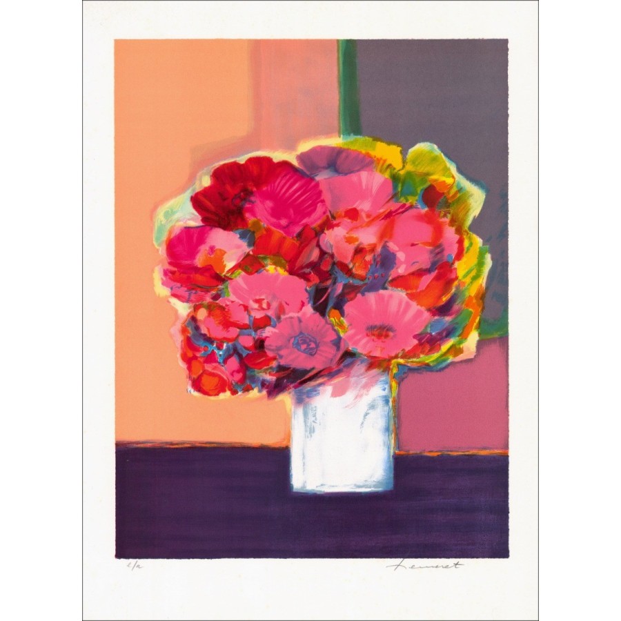 Claude Hemeret Original Lithographie Blumenstrauß von Blumen in einem Vase