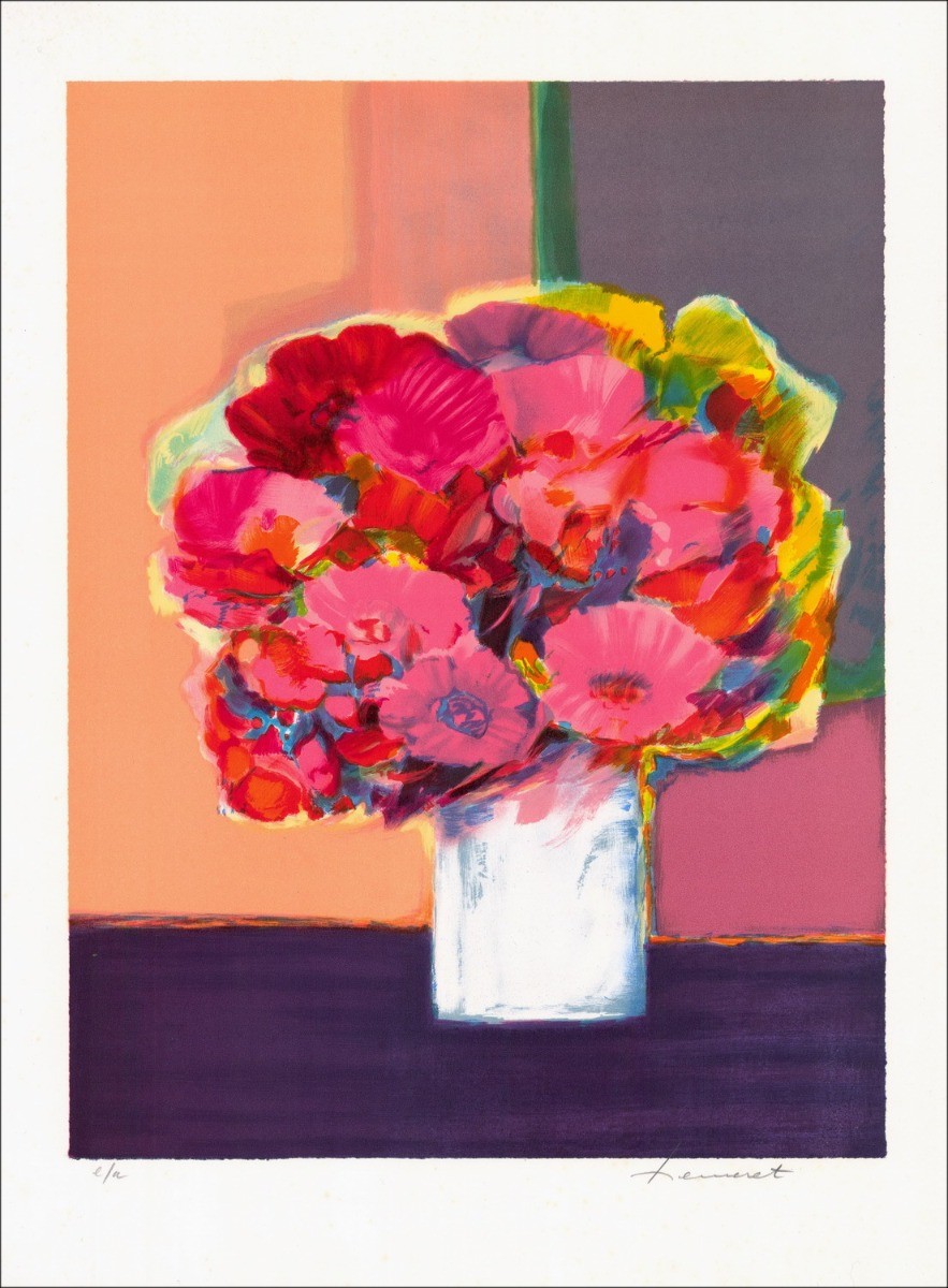 Claude Hemeret Original Litografía Ramo de flores en un jarrón