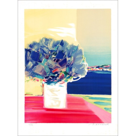 Kaufen Sie Claude Hemeret Original Lithographie Blumenstrauß von Blumen in einem Vase