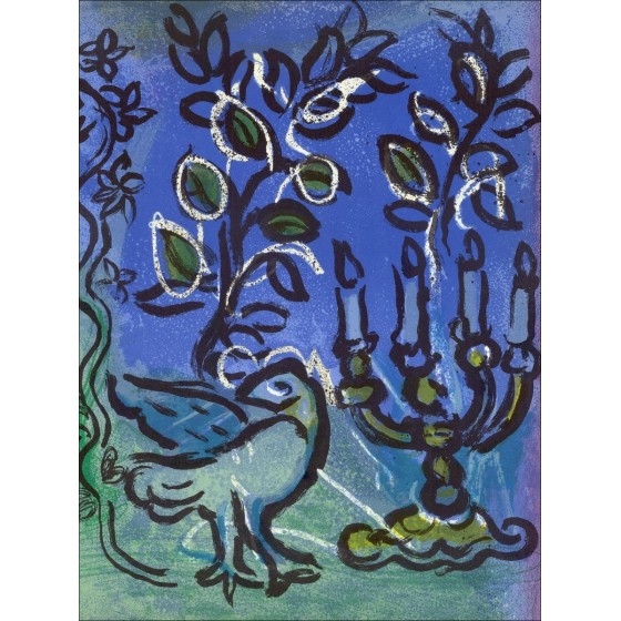 Marc Chagall - Litografía "Pájaro y candelabro menorah" 32x24cm
