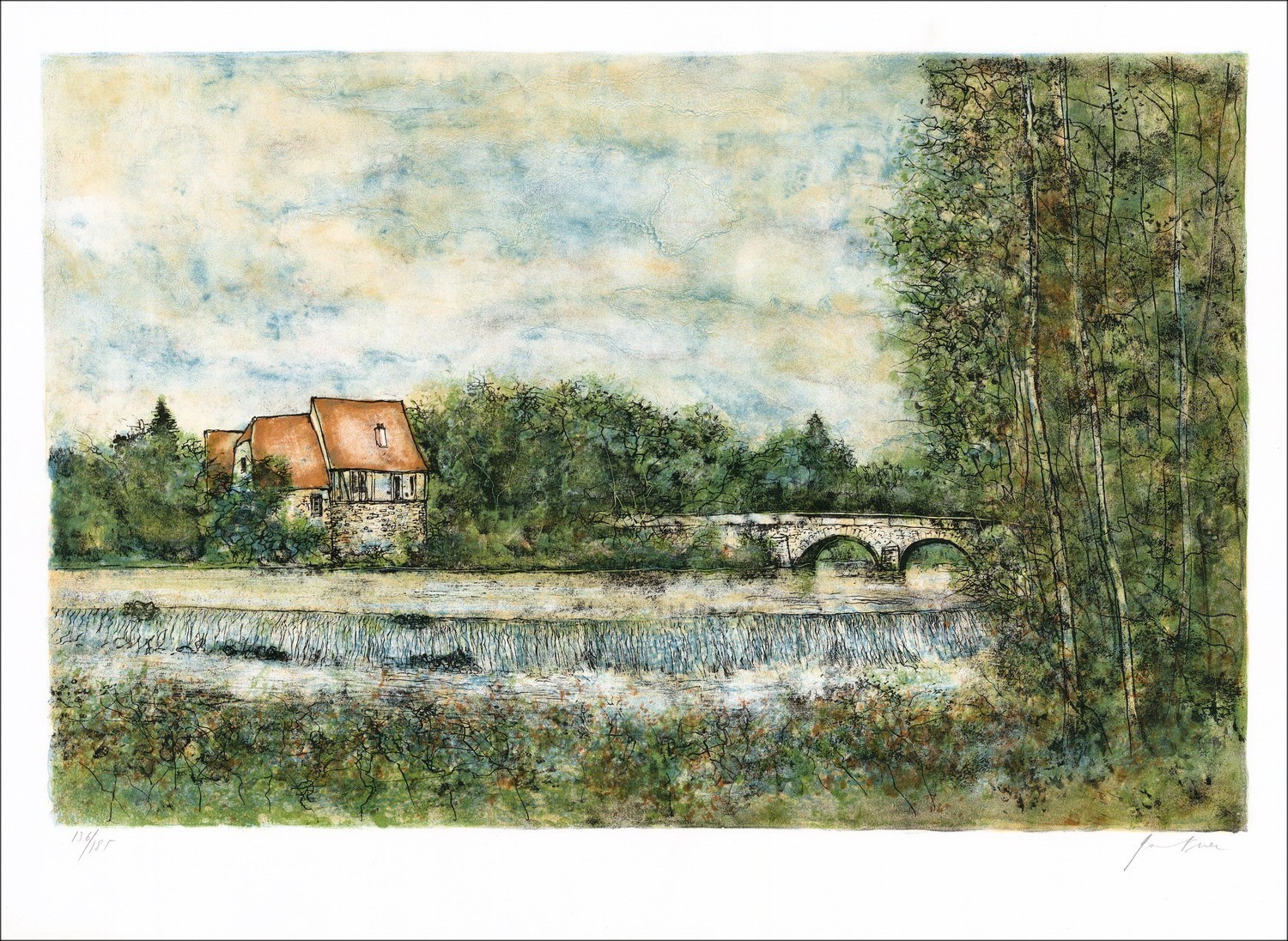 Acquista il piccolo ponte di pietra Un litografia originale di Bernard Gantner 