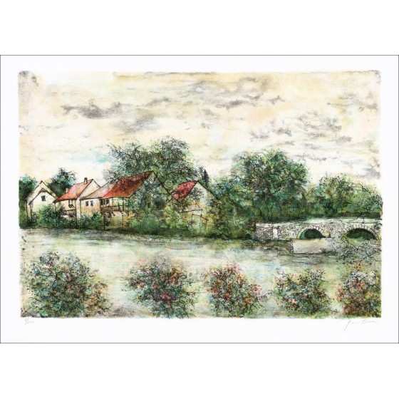 Originele lithografie de kleine dorpsbrug die Bernard Gantner koopt