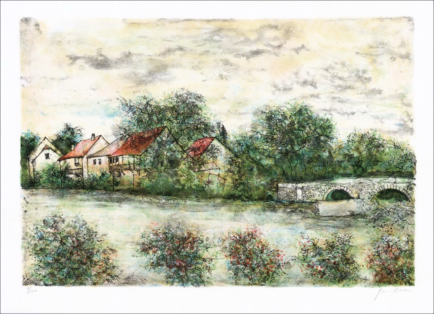 Original lithograph The small bridge of the village Achat Bernard GANTNER