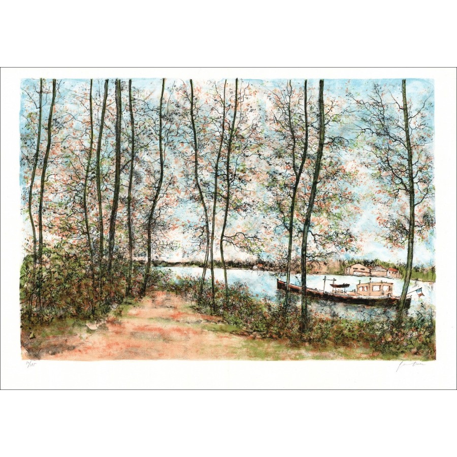 Houseboat on the river Purchase Original Lithograph Bernard GANTNER