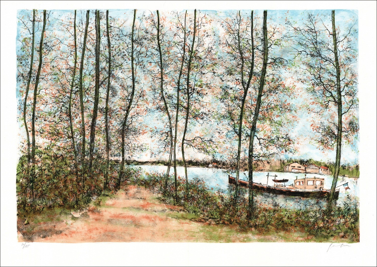 Casa flotante en el río Compra Litografía original Bernard GANTNER