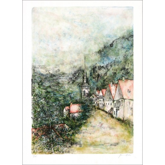 Kaufen Sie die Dorfkirche von Bernard Gantner Original-Lithographie