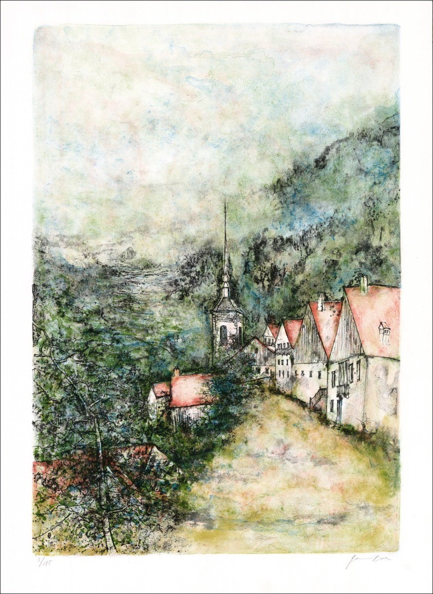 Buy The church of the village of Bernard GANTNER Original lithograph
